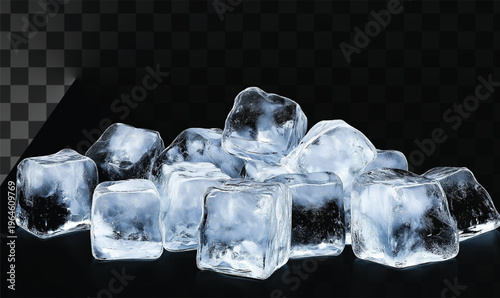 A pile of ice cubes isolated on a transparent background