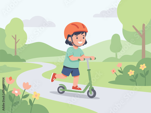 Child riding a scooter in a park.