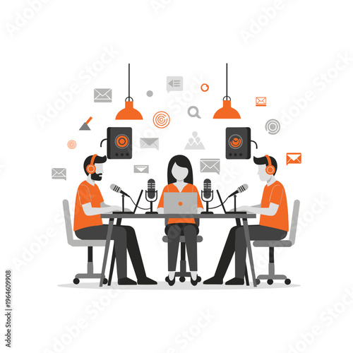 Three people with headphones and microphones at a table recording a podcast episode.