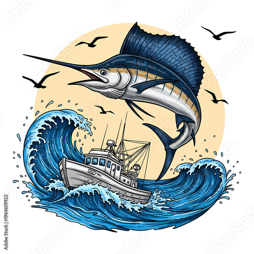 Sailfish leaping over fishing boat in ocean waves vintage woodcut style with seagulls and sunset
