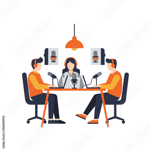 Radio hosts broadcasting podcast episode using professional microphones and audio equipmen.