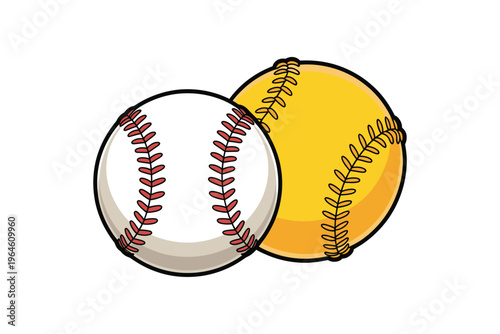 Two cartoon baseballs one white with red stitching and one yellow are closely positioned together on transparent background high-quality professional detailed modern.