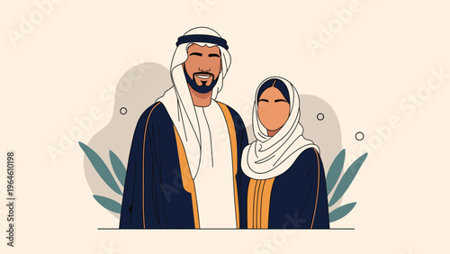 Traditional Arab couple standing together with the man in a kandura and the woman in a hijab against a neutral abstract background.