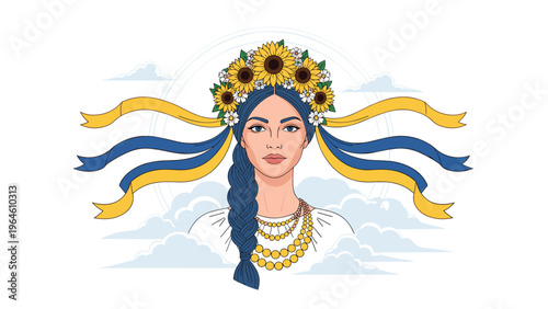 Beautiful Ukrainian woman wearing a traditional sunflower wreath with blue and yellow ribbons against a cloudy white sky.