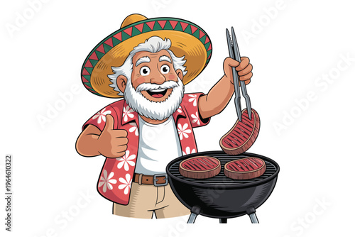 A cheerful elderly man wearing a traditional sombrero and floral shirt grills meat giving a thumbs up on transparent background high-quality professional.