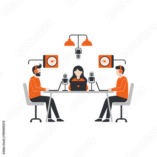 Modern podcast studio illustration with people talking into microphones during live sessio.