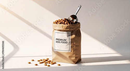 Package of premium dog food with a scoop on top and scattered kibble on a bright surface in a warm setting