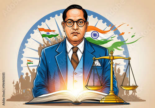 Dr. B.R. Ambedkar, Architect of Indian Constitution, with Scales of Justice and Indian Flag