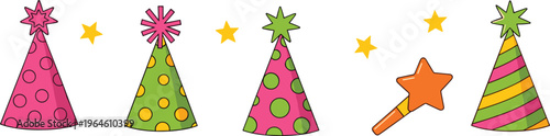 Colorful birthday party hats and magic wand with stars vector illustration festive celebration elements cartoon style for kids decoration design set