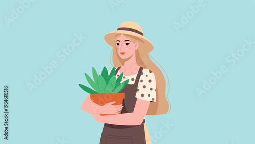 Young woman wearing a hat and apron holding a potted plant on light blue background for gardening and hobby themes.