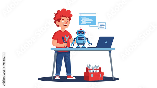 Young boy building a robot at his desk with tools and laptop for science, technology, and engineering education.