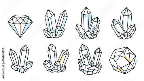 Collection of various crystal clusters and cut diamonds with black outlines and light blue color for jewelry design.