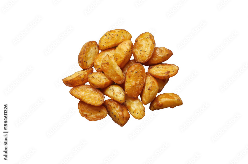 Fototapeta premium Golden seasoned potato wedges pile, crispy baked snack