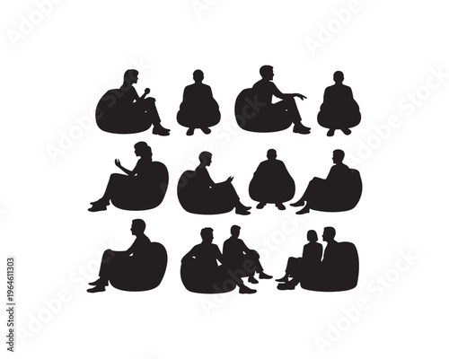 A collection of twelve black silhouette figures of men and women relaxing and sitting on beanbag chairs in various casual poses