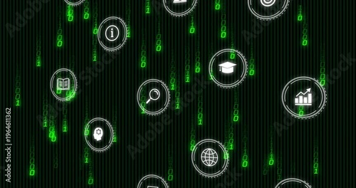 Green binary rain starting, floating UI cluster drifting and shifting, rings pulsing showing data