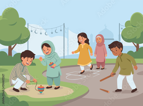 Children Playing Traditional Games Outdoors.