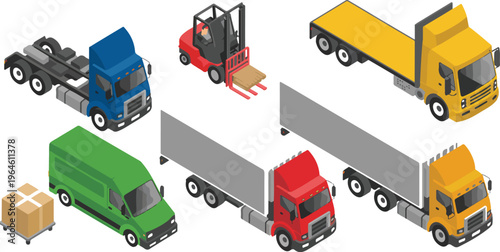 Trucking logistics isometric vector set with trucks, cargo containers, lorry, trailer loader, vans, and cars for transportation illustration