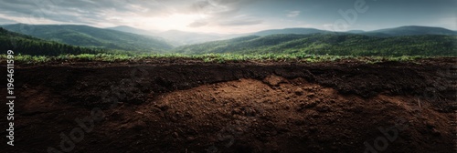 Soil cross section with fertile topsoil and mountain landscape under cloudy sky, agriculture and environment concept panorama