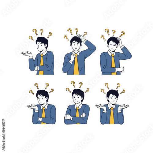 Confused businessman with multiple puzzled expressions and question marks
