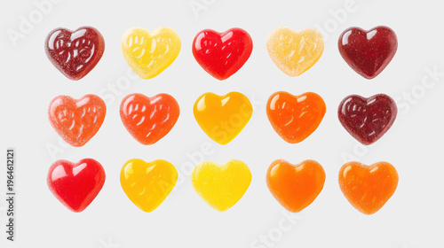 A colorful array of heart-shaped candies on transparent background