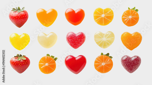 A colorful arrangement of heart-shaped candies and fruits on transparent background