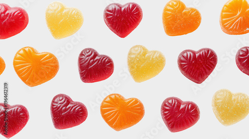 A colorful arrangement of heart-shaped candies on transparent background