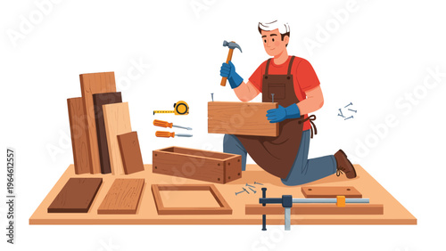 Craftsman at Work: A skilled craftsman meticulously assembles wooden components on his workbench, crafting a masterpiece with precision, dedication, and attention to detail.