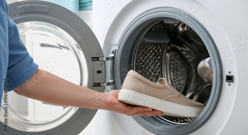 Washing shoes in a washing machine at home in the laundry room during the day while preparing for cleaning tasks
