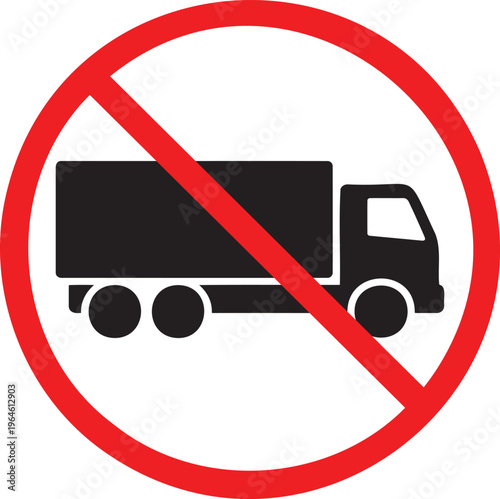 No trucks allowed prohibition sign with a silhouette of a heavy cargo vehicle or semi-truck, used for weight limits, residential zones, or bridge height restrictions.