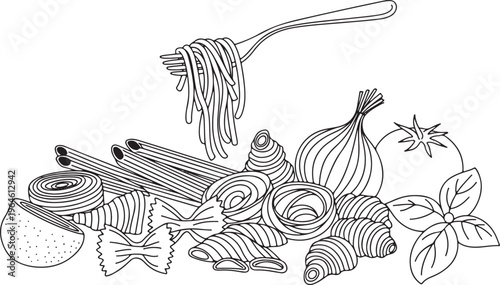 Italian Pasta Varieties and Fresh Ingredients Line Art - Vector Illustration of Spaghetti, Penne, Farfalle, Tomato, and Basil.
