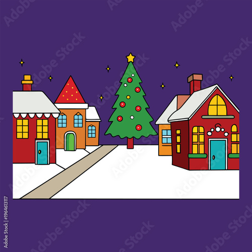 A quiet town street blanketed in fresh winter snow, lined with cozy houses and glowing streetlights. Frosty air, soft footsteps, and a peaceful hush create a calm, magical scene.
