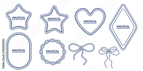 Rope frames, bows vector set. Nautical marine design for banner, poster, print, card, label, beach party invitation