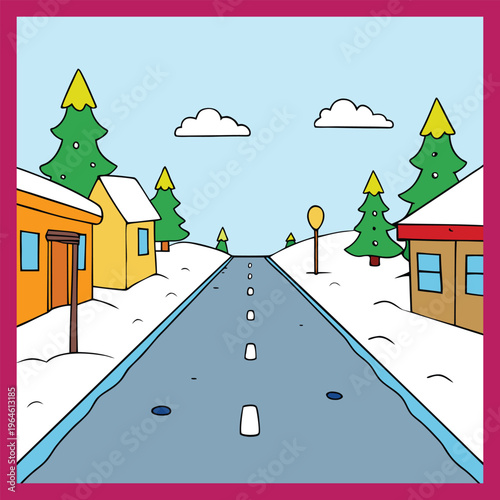 A quiet town street blanketed in fresh winter snow, lined with cozy houses and glowing streetlights. Frosty air, soft footsteps, and a peaceful hush create a calm, magical scene.
