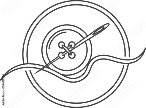 Black and white button with needle and thread on a white background