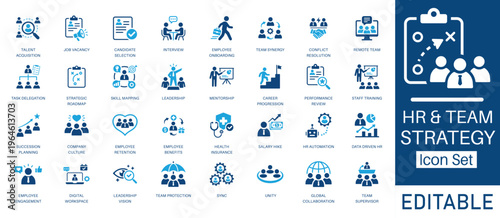 HR Strategy and Employee Management solid icon set. Featuring talent acquisition, remote team, HR automation, and data driven HR. Vector icons for corporate recruitment projects.