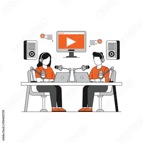 Professional podcast studio with two hosts broadcasting live using modern digital equipment.