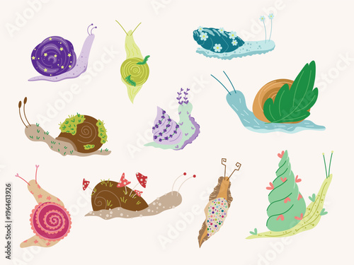 Cute Whimsical Snails Collection: Hand Drawn Fantasy Snail Set