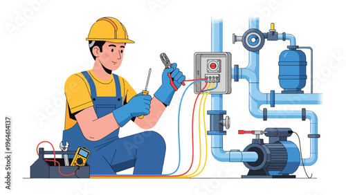 Wiring the Future: An electrician meticulously works on intricate wiring, connecting the building's vital systems. Skillful hands at work.