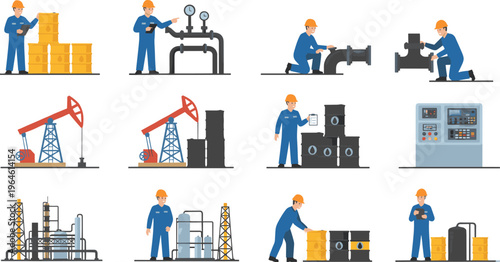 Collection of oil industry illustrations featuring petroleum engineers refinery plants oil rigs barrels and fuel processing equipment for energy branding