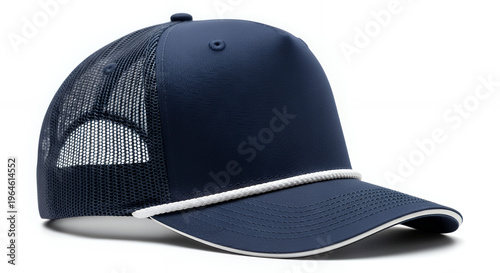 Modern detailed navy blue trucker cap with white rope accent isolated hat mockup mockup cap hat template fashion clothing baseball front sport isolated blank