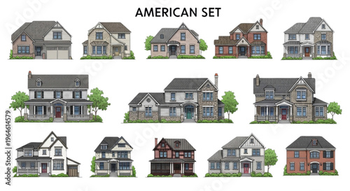 American House Designs Architecture Illustration Detailed Home Vector Residential Building Collection Set