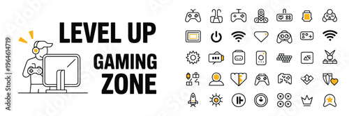 A graphic designer creating gaming icons and a logo for a gaming zone with a cartoon character