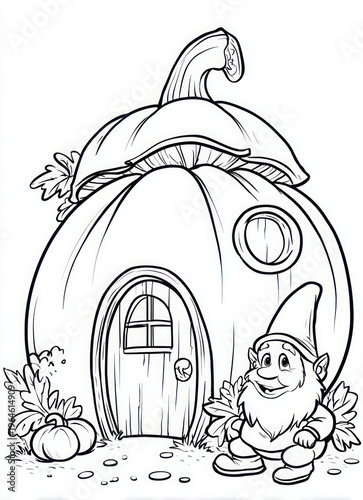 Cute pumpkin house with gnome character coloring page illustration