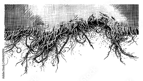 Tangled organic roots and fibrous structures hanging from a textured edge in vintage engraving style
