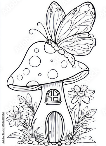 Mushroom house with butterfly coloring page fantasy nature illustration