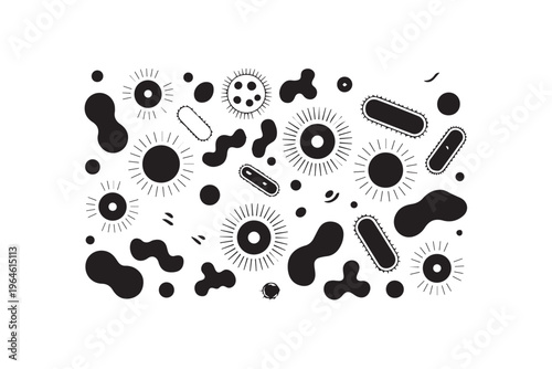 Black and white illustration of various microorganisms, bacteria, and viruses on a clean white background, simple microscopic life forms.