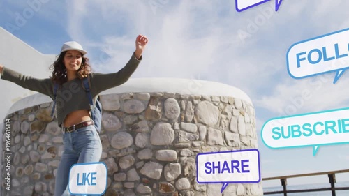 Woman skating into frame, raising arms, boosting social media reach via animated LIKE SHARE bubbles