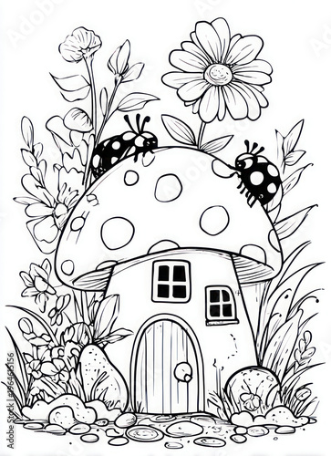 Cute mushroom house illustration with ladybugs and garden plants