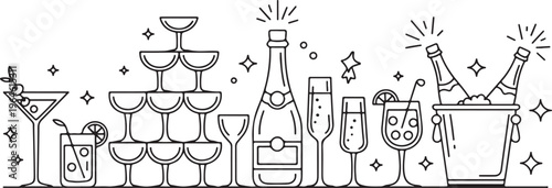 Celebration Party Drinks and Champagne Line Art Vector Illustration - Festive Cocktails, Champagne Tower, and Ice Bucket Border.
