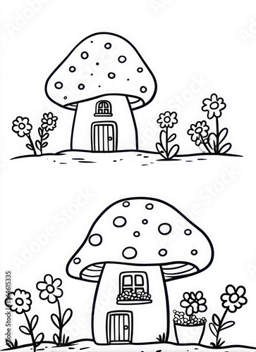 Whimsical mushroom houses illustration with fantasy garden scene